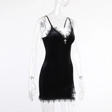 Goth Cross Mini Dress | Vintage Black Spaghetti Strap Dress -femstylo
