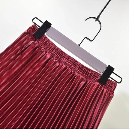 Classic Golden Velvet Pleated Skirt High Waist Retro Style Fashion Office Lady Pleated Long Skirt Winter Velvet Skirt 90cm Long