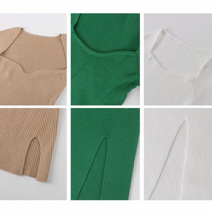 2022 Knitted Green Midi Sexy Bodycon Women Dress Spring Long Sleeve Off Shoulder Split Sweater Dresses
