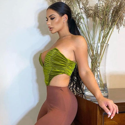Sleeveless Slash Neck Draped Crop Top Solid Elegant Shirt