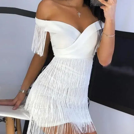 White Fringe Celebrity Evening Runway Party Dress Women Sexy Tassels Short Sleeve Club Dress Vestidos