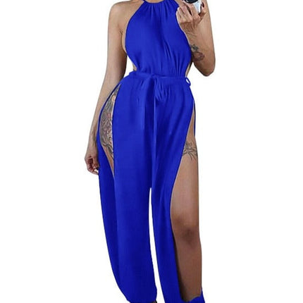 Women Hollow Out Jumpsuit Casual Sleeveless O-Neck Belt Jumpsuit Lace Up Slim Rompers