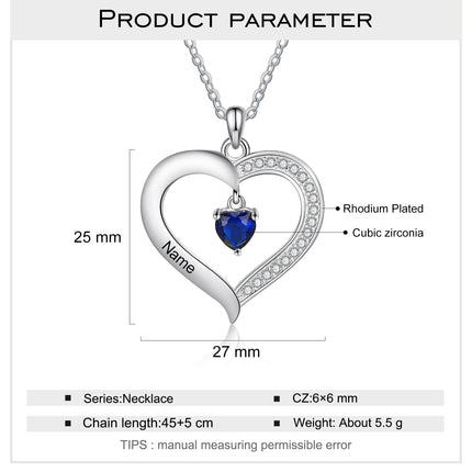Personalized Heart Name Necklace with 1-8 Engraving Birthstone Pendant