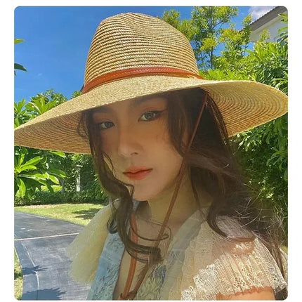 New 2024 Belt Strap Straw Sun Hat For Women Fashion Vacation Beach UV Hats Summer Wide Brim Travel Panama Hats Outdoor Wholesale