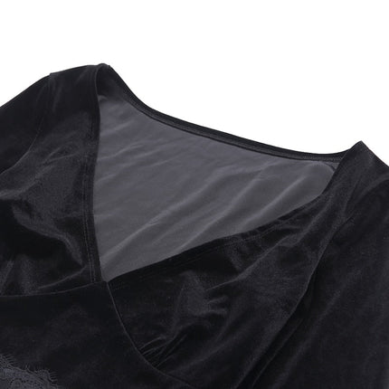 Ins Goth Sexy Women Gothic Crop Top Flare Long Sleeve Lace Hollow Out Black  V-neck T-shirt