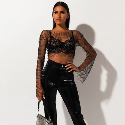 Crystal Diamond See Through Crop Tops Women Hollow Out Beachwear Tops Shiny Sexy Party Top
