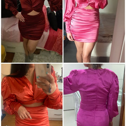 deep v neck bodycon dress Party club hollow out mini dress Elegant lantern sleeve satin dress