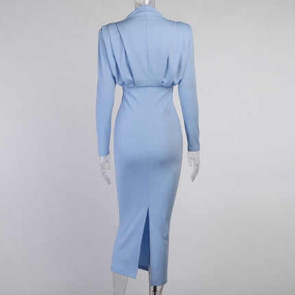 Elegant Women Dress Stand Collar Slim Waist Solid Ankle Length Autumn Long Sleeve Dress