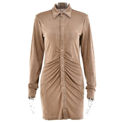 Autumn Ruched Long Sleeve Bodycon Dress Women Turn-Down Collar Sexy Mini Dress Vestidos 2022