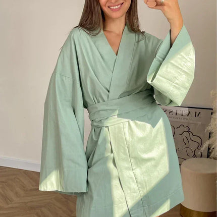 Women's V-Neck Kimono Cardigan Mini Dress Cotton Linen Long Sleeve Sashes Dresses Robe Style Lace Up Summer Loose Vestidos