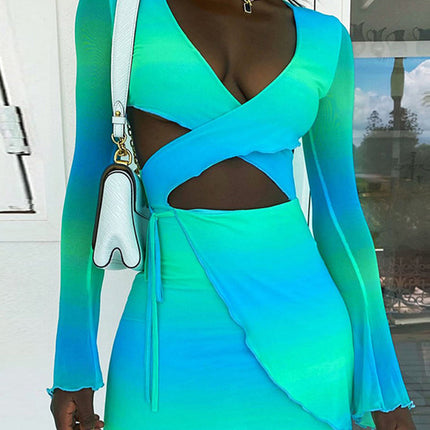 Sexy Tie Dye Bodycon Mini Dress Women Hollow Out Long Sleeve Mesh Skinny Summer 2022