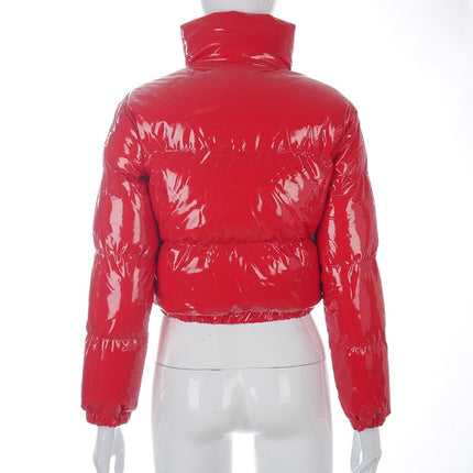Faux PU Leather Y2K Bubble Puffer Winter Warm Jacket Women Long Sleeve Coats