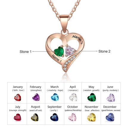 925 Sterling Silver Name Necklace with 2 Birthstones Custom Engraved Heart Pendant