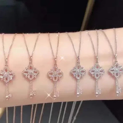 925 Sterling Silver Pave Crystal Vintage Key Pendant 14k Gold Plating Necklace Women Light Luxury Temperament Dress Jewelry