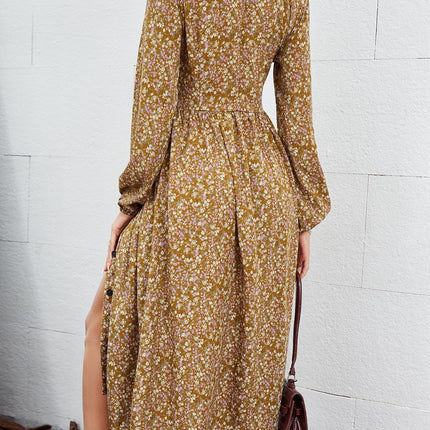 Retro pleated v-neck buttons A-line floral Elegant high waist maxi dress Long lantern sleeves vestido female