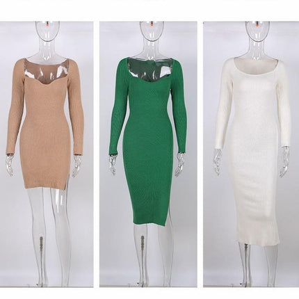 2022 Knitted Green Midi Sexy Bodycon Women Dress Spring Long Sleeve Off Shoulder Split Sweater Dresses