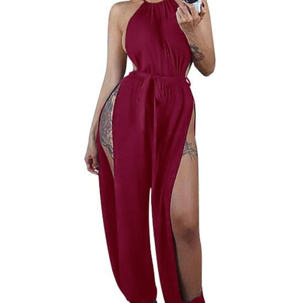 Women Hollow Out Jumpsuit Casual Sleeveless O-Neck Belt Jumpsuit Lace Up Slim Rompers