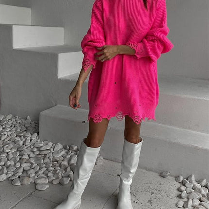 O Neck Oversized Mini Knitted Women Sweater Loose Dresses Autumn Winter Long Sleeve