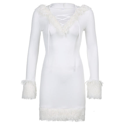 Furry White Bodycon Mini Dresses Women Autumn Long Sleeve Hooded V Neck Dress