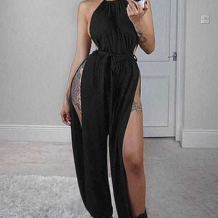 Women Hollow Out Jumpsuit Casual Sleeveless O-Neck Belt Jumpsuit Lace Up Slim Rompers