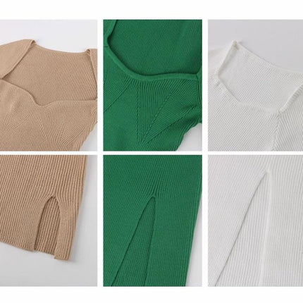 2022 Knitted Green Midi Sexy Bodycon Women Dress Spring Long Sleeve Off Shoulder Split Sweater Dresses