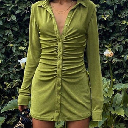 Autumn Ruched Long Sleeve Bodycon Dress Women Turn-Down Collar Sexy Mini Dress Vestidos 2022