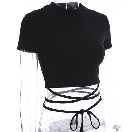 Summer Women Black Short T-Shirts Sexy Crop Tops Short Sleeve Bandage Tee Tops Female Shirts