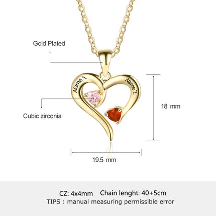 925 Sterling Silver Heart Necklace with 2 Birthstones Custom Engrave Name Pendant