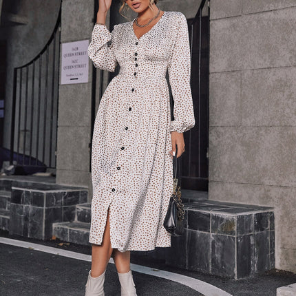 Retro pleated v-neck buttons A-line floral Elegant high waist maxi dress Long lantern sleeves vestido female