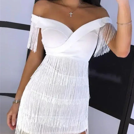 White Fringe Celebrity Evening Runway Party Dress Women Sexy Tassels Short Sleeve Club Dress Vestidos