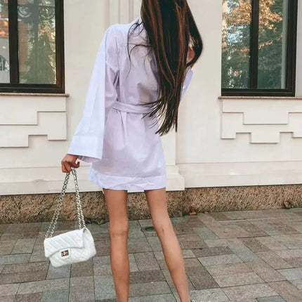 Women's V-Neck Kimono Cardigan Mini Dress Cotton Linen Long Sleeve Sashes Dresses Robe Style Lace Up Summer Loose Vestidos