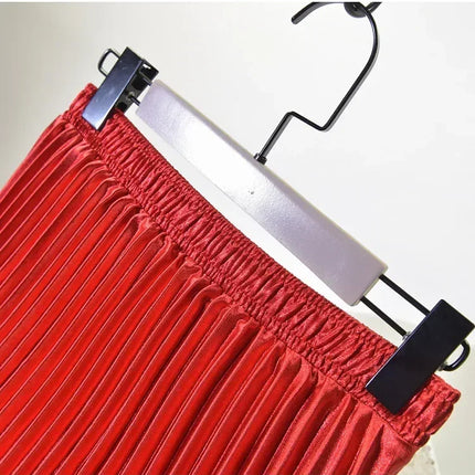 Classic Golden Velvet Pleated Skirt High Waist Retro Style Fashion Office Lady Pleated Long Skirt Winter Velvet Skirt 90cm Long