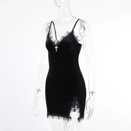 Goth Cross Mini Dress | Vintage Black Spaghetti Strap Dress -femstylo