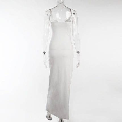 High Split Ankle-length Party Dresses Women Solid White Spaghetti Strap Dress Y2K