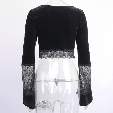Ins Goth Sexy Women Gothic Crop Top Flare Long Sleeve Lace Hollow Out Black  V-neck T-shirt