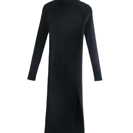 Long Sleeves High-Neck Elastic Midi Dress Lady Knit Sweater Dresses