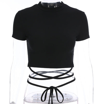 Summer Women Black Short T-Shirts Sexy Crop Tops Short Sleeve Bandage Tee Tops Female Shirts