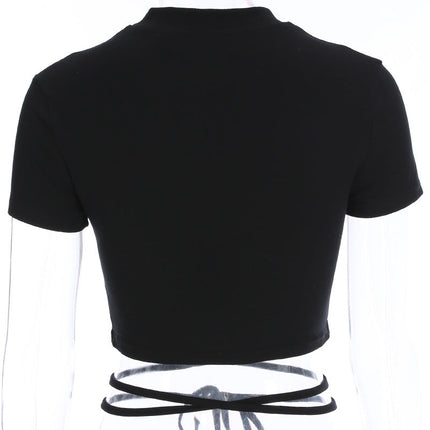 Summer Women Black Short T-Shirts Sexy Crop Tops Short Sleeve Bandage Tee Tops Female Shirts