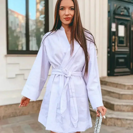 Women's V-Neck Kimono Cardigan Mini Dress Cotton Linen Long Sleeve Sashes Dresses Robe Style Lace Up Summer Loose Vestidos