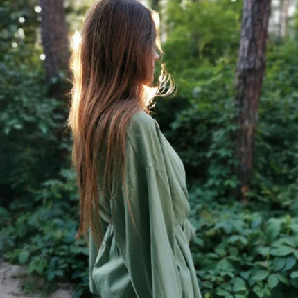 Women's V-Neck Kimono Cardigan Mini Dress Cotton Linen Long Sleeve Sashes Dresses Robe Style Lace Up Summer Loose Vestidos
