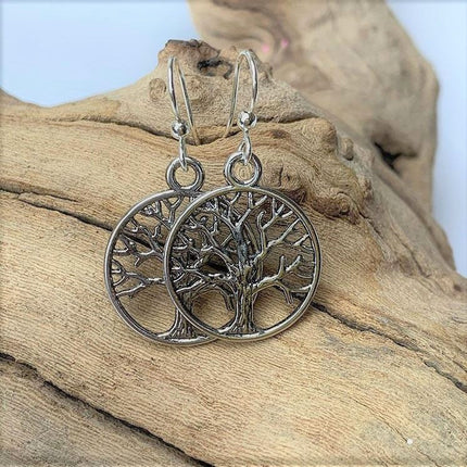 Silver Tone Tree of Life Dangle Earrings