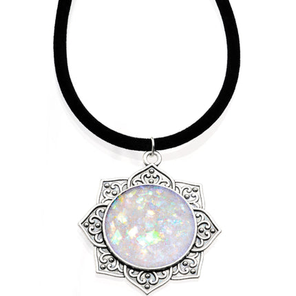 Handcrafted White Faux Opal Lotus Flower Love Velveteen Cord Necklace 16