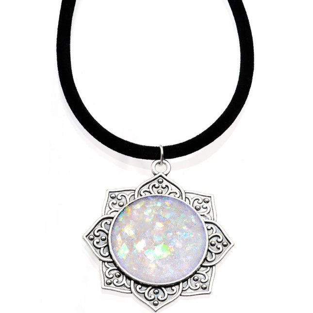 Handcrafted White Faux Opal Lotus Flower Love Velveteen Cord Necklace 16