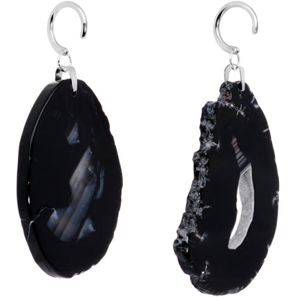 Handcrafted Steel Midnight Shadow Gap Natural Black Agate Ear Weights
