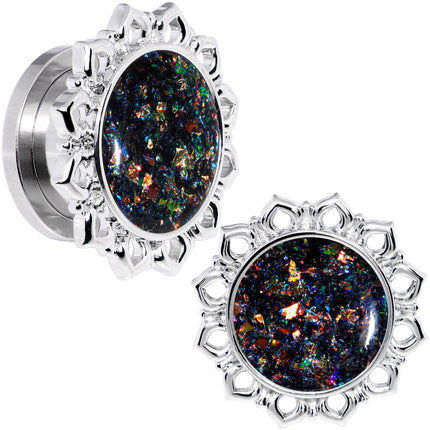 Handcrafted Black Faux Opal Mandala Screw Fit Plug Set Sizes 8mm to 20mm