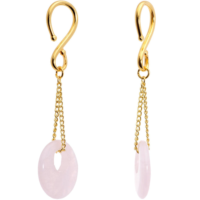 Handcrafted Gold Tone Pink Rose Flower Quartz Donut Chain Ear Weights
