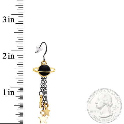 Handcrafted Black Gold Spaced Out Star Saturn Fishhook Dangle Earrings
