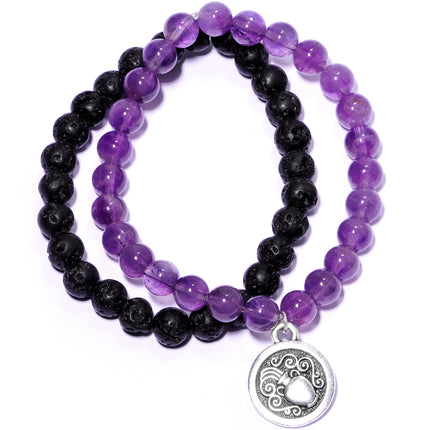 Handmade Lava Stone Amethyst Aquarius Zodiac Bracelet Set of 2
