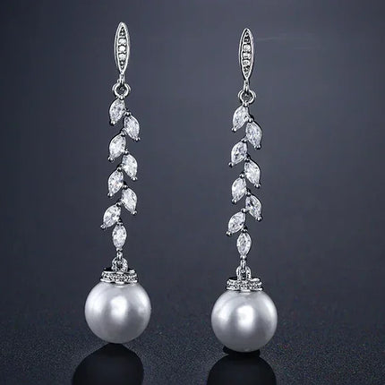 ZAKOL Fashion Round Imitation Pearls Drop Earrings for Women Shinny Zirconia Crystal Leaf Long Bridal Earring Wedding Jewelry