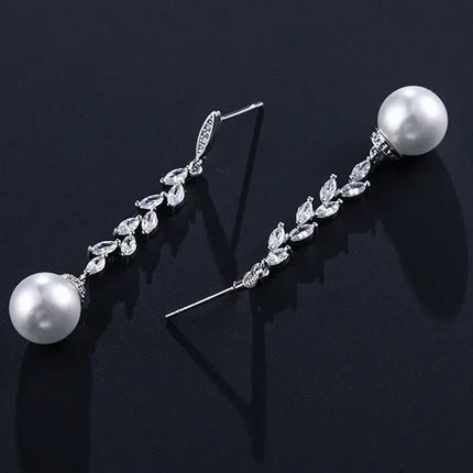 ZAKOL Fashion Round Imitation Pearls Drop Earrings for Women Shinny Zirconia Crystal Leaf Long Bridal Earring Wedding Jewelry